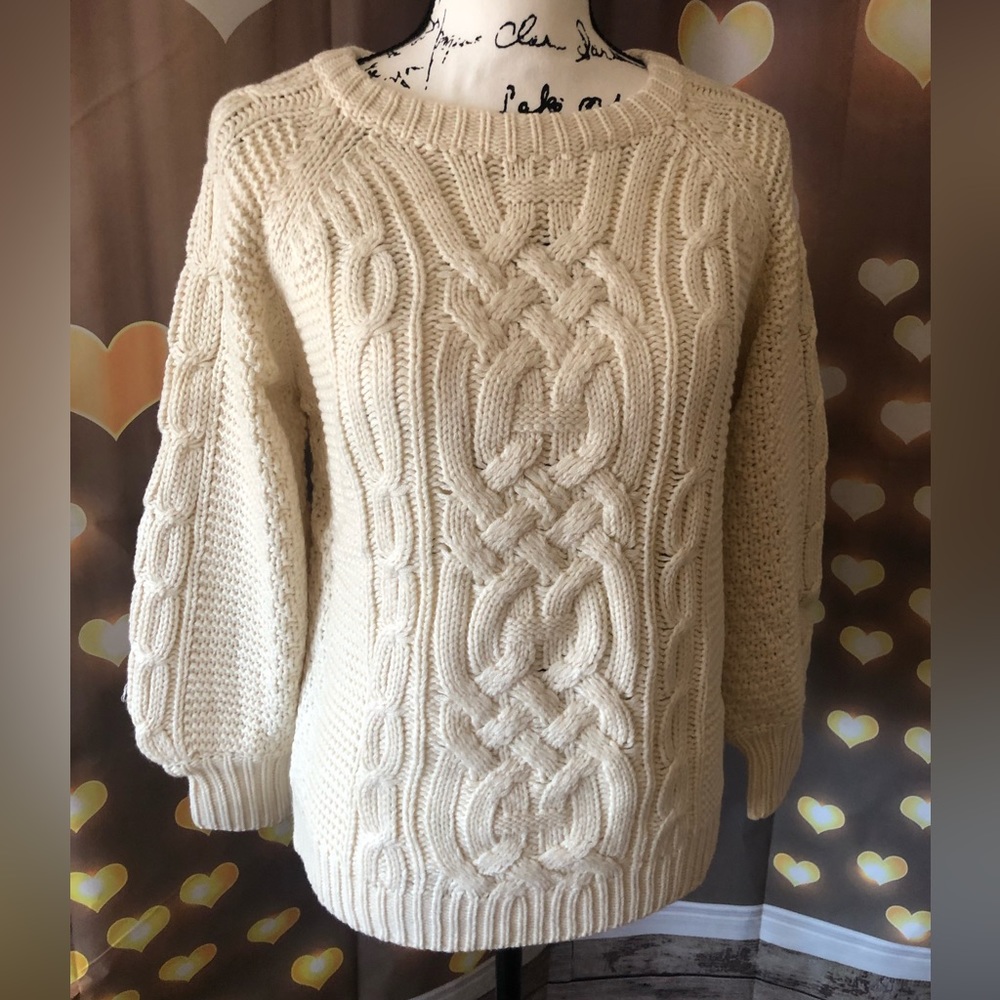 Sweater cable knit lantern sleeve cream beige womens long sleeve top - Picture 9 of 10